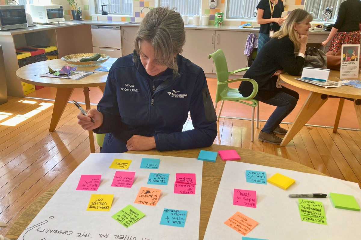 A woman reads and writes on sticky notes at a table.
